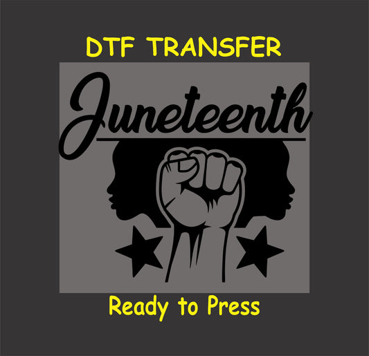 "Juneteenth DTF transfer with silhouettes, raised fist, and stars, ready to press for custom apparel."