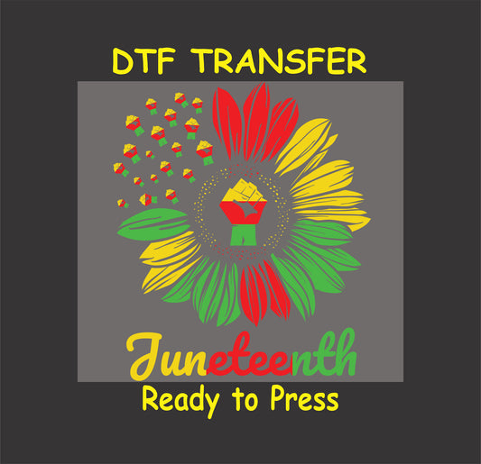"Juneteenth sunflower DTF transfer with a raised fist in the center, symbolizing freedom and resilience, ready to press."