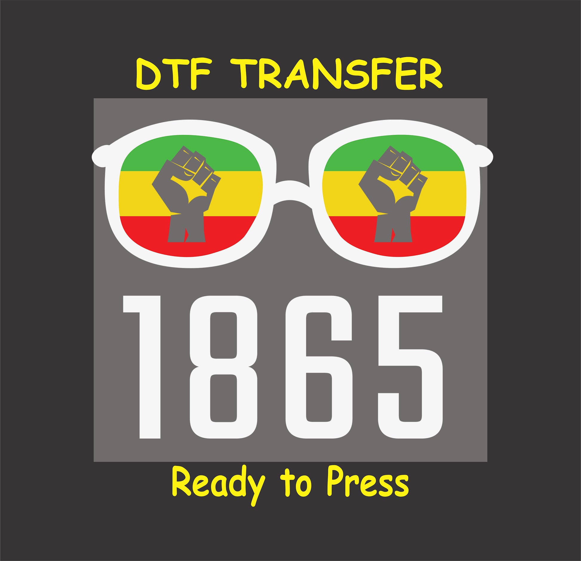 "1865 Juneteenth sunglasses DTF transfer with reflective fists in red, yellow, green colors, ready to press."