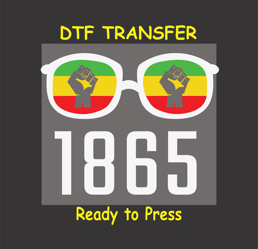 "1865 Juneteenth sunglasses DTF transfer with reflective fists in red, yellow, green colors, ready to press."