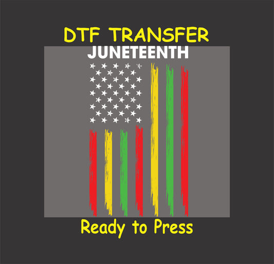 "Juneteenth flag DTF transfer with red, yellow, green stripes, white stars, and 'Juneteenth' text, ready to press."
