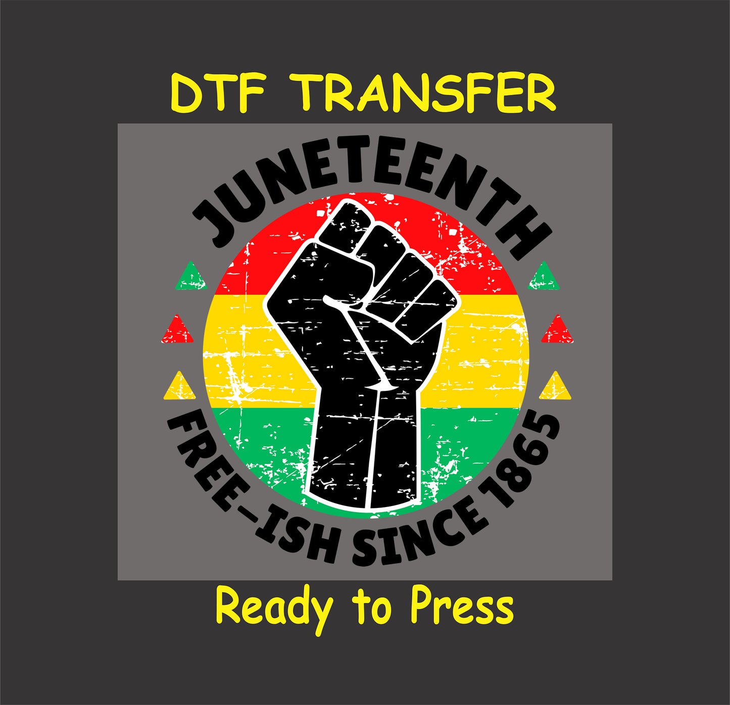 "DTF transfer with a raised fist, 'Juneteenth Free-Ish Since 1865' text, and distressed red, yellow, and green background."