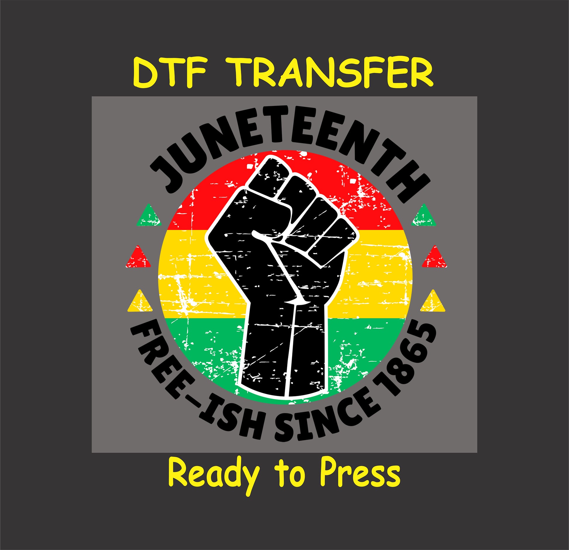 "DTF transfer with a raised fist, 'Juneteenth Free-Ish Since 1865' text, and distressed red, yellow, and green background."