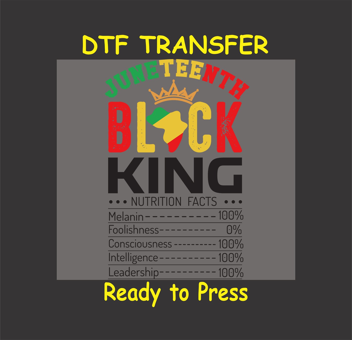 "Juneteenth Black King DTF transfer with nutrition facts design, crown, and Pan-African colors."