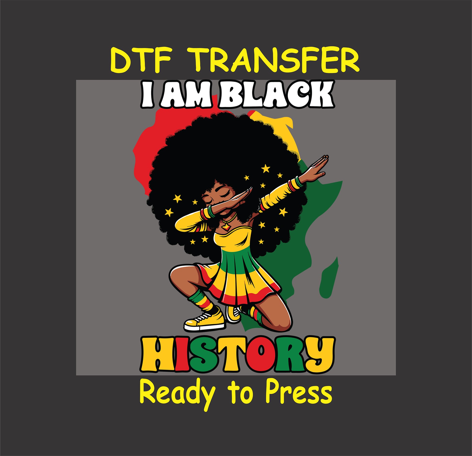 "I Am Black History" DTF transfer featuring an afro silhouette with vibrant colors and a character dabbing in celebration.