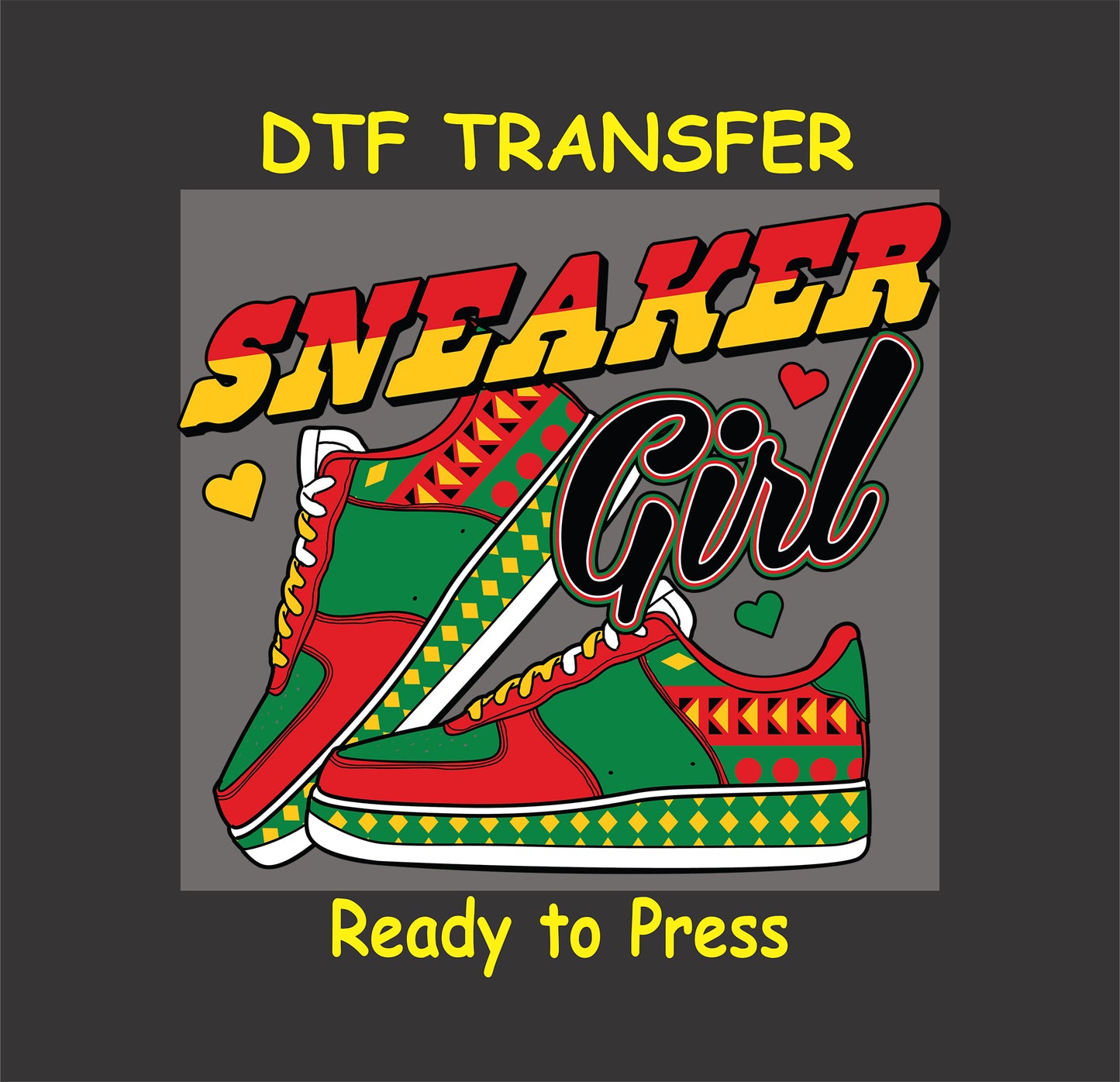"Sneaker Girl" DTF transfer featuring bold red, green, and yellow sneakers with Afrocentric patterns and vibrant text.