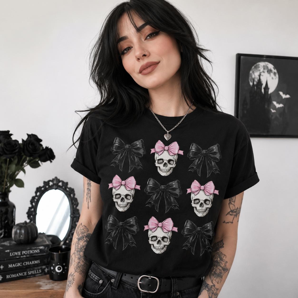 A woman wearing a black graphic t-shirt with a repeating pattern of white skulls and black bows, each decorated with a pink bow, set against a dark, moody background with gothic decor.