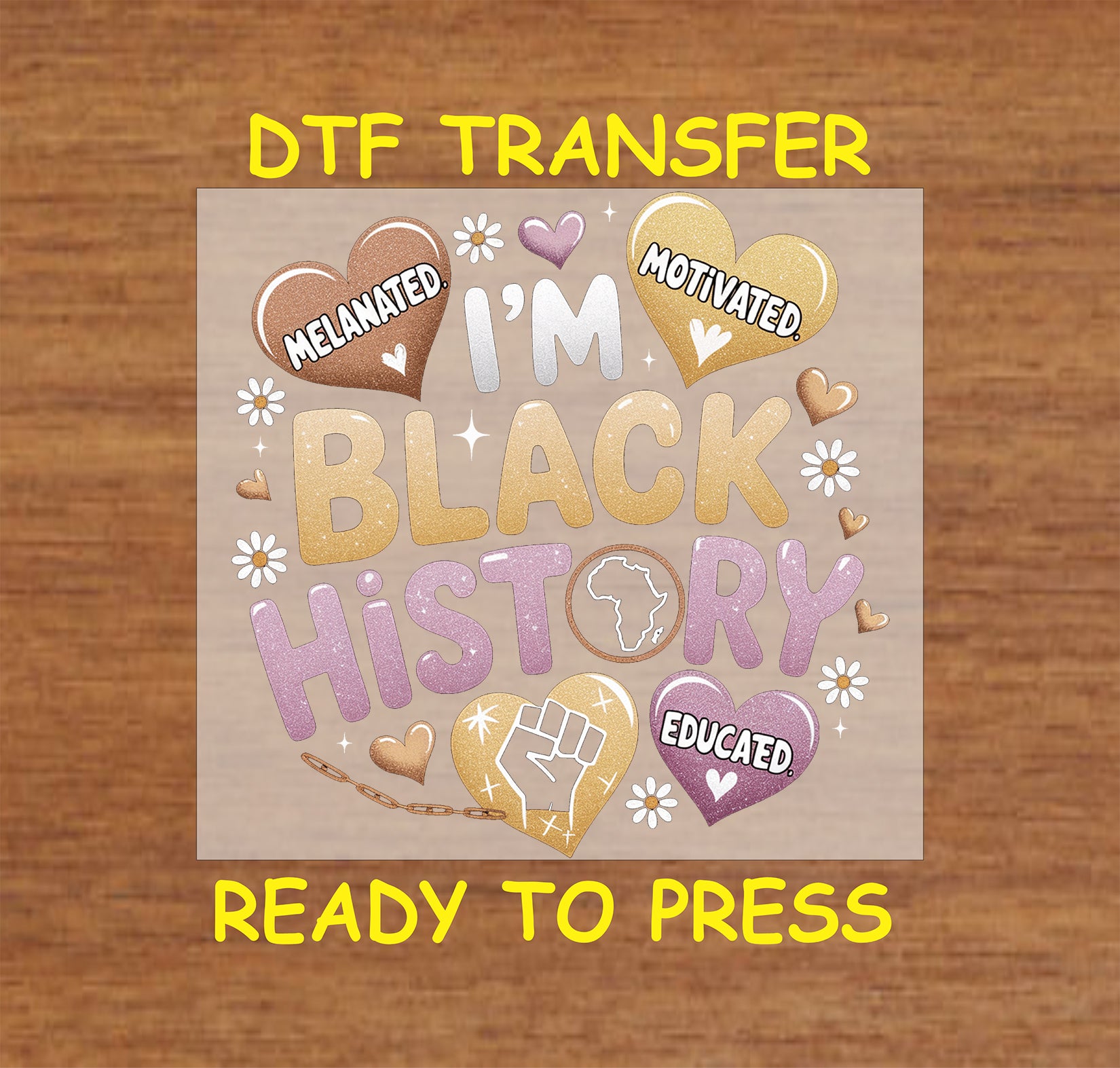 "Glitter DTF Transfer - I'm Black History design with hearts, daisies, and empowering text" 