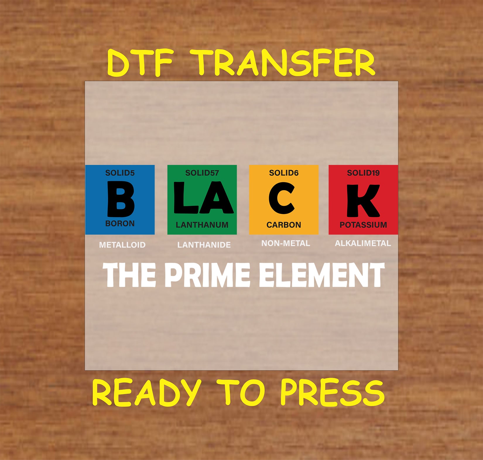 "Black: The Prime Element" DTF transfer inspired by the periodic table, featuring vibrant Afrocentric colors, ready for custom apparel.