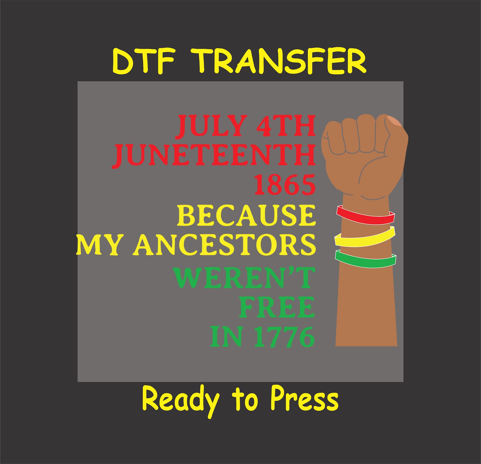 "Juneteenth Ancestors Quote" DTF transfer featuring a raised fist and bold text about freedom in 1776 vs. 1865.