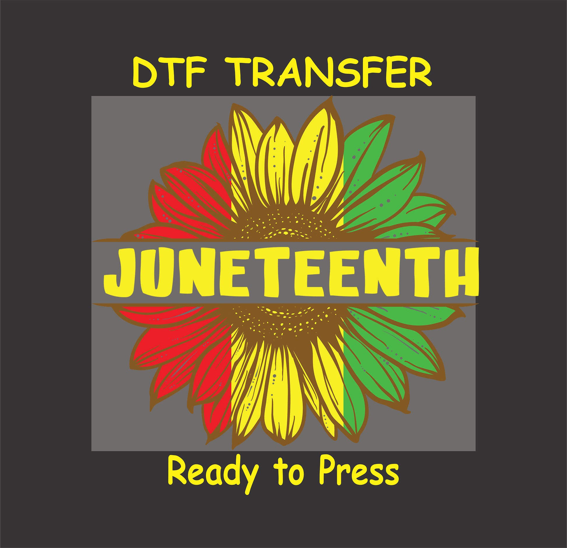 "Juneteenth sunflower DTF transfer with red, yellow, and green petals, ready to press for custom apparel."