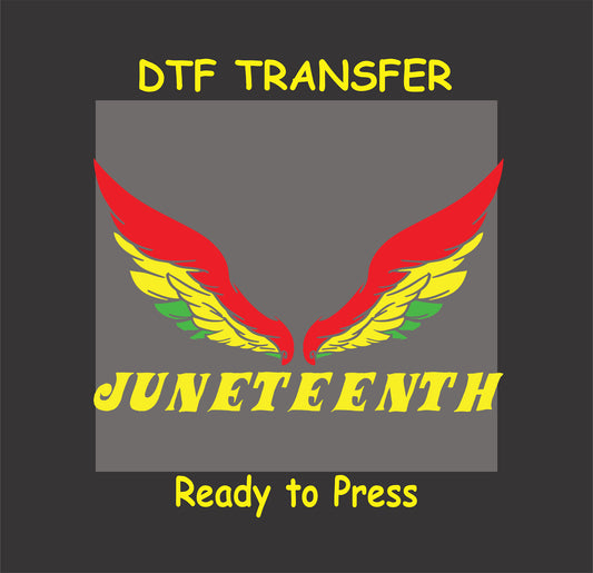 "Juneteenth wings DTF transfer with vibrant red, yellow, and green design, ready to press for custom apparel."