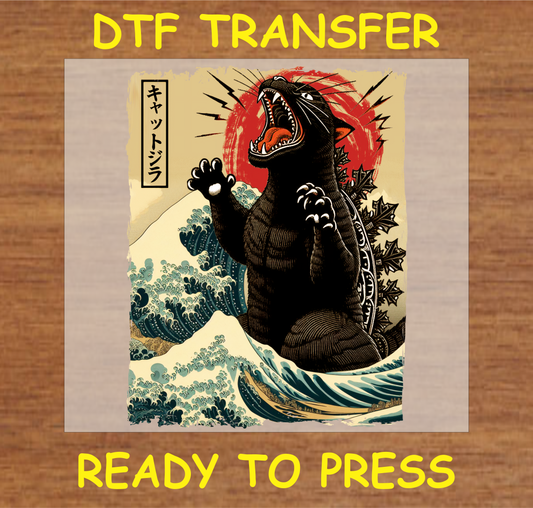 Japanese-inspired black cat monster DTF transfer ready to press