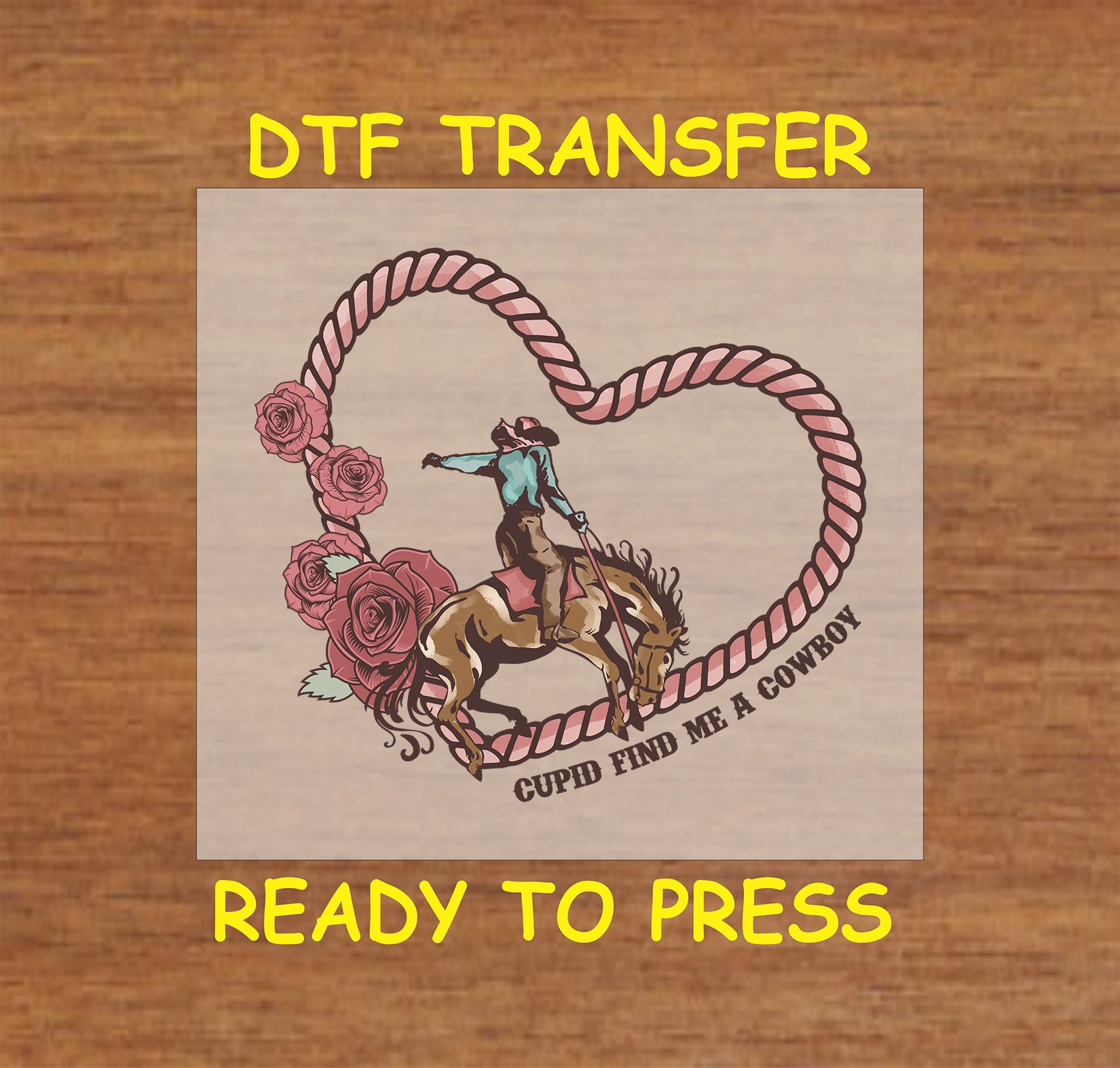 Western Valentine’s design with a cowboy riding a horse inside a heart-shaped rope.