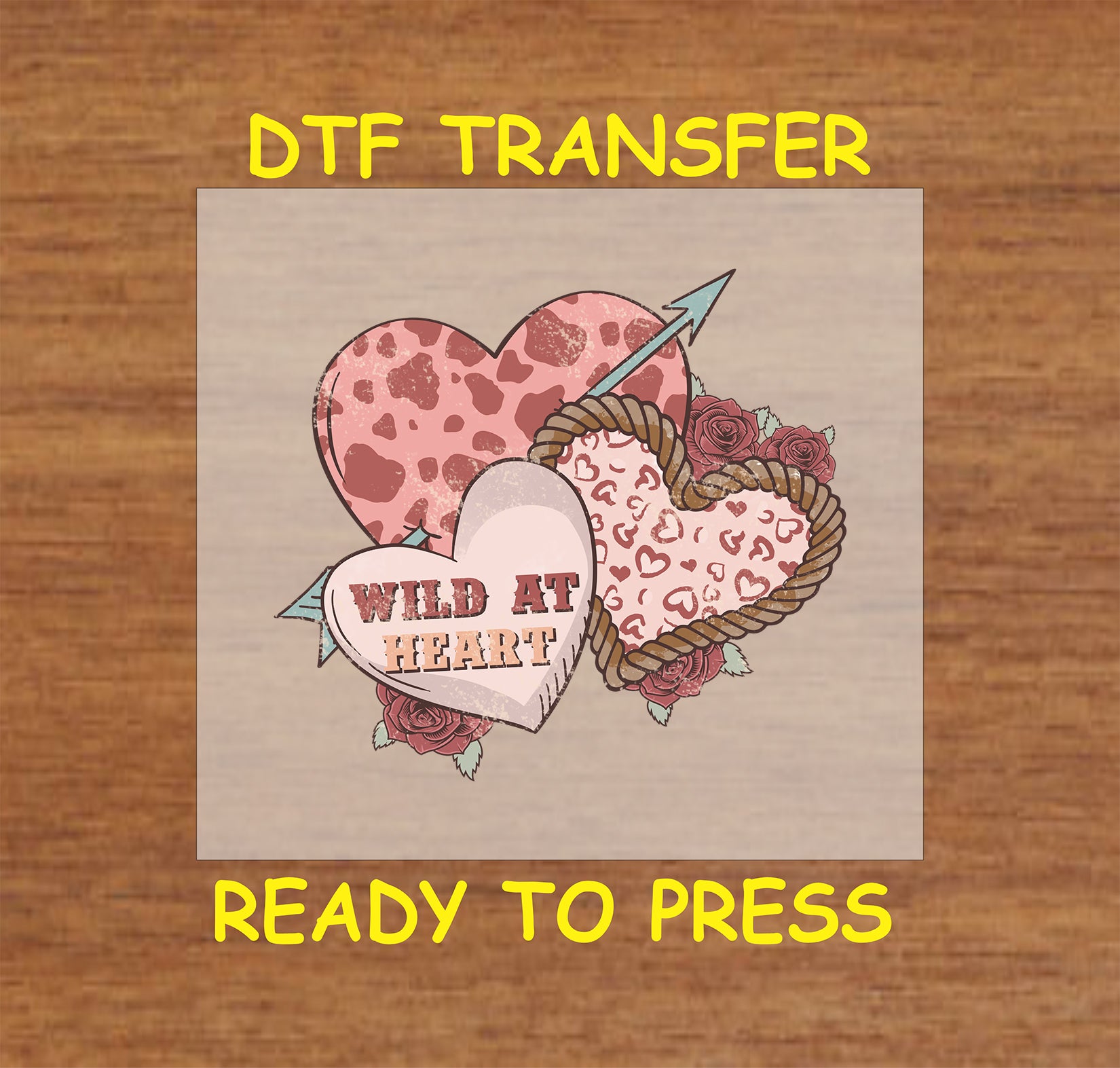 Western-style hearts with cow print, rope, roses, and "Wild at Heart" text.