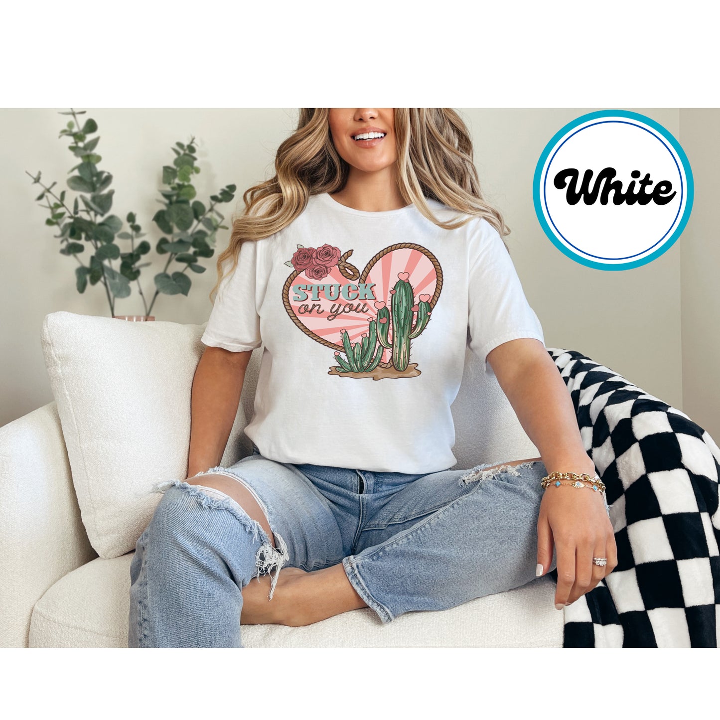 Western Valentine's DTF transfer with "Stuck on You" text, heart-shaped rope, and blooming cacti.