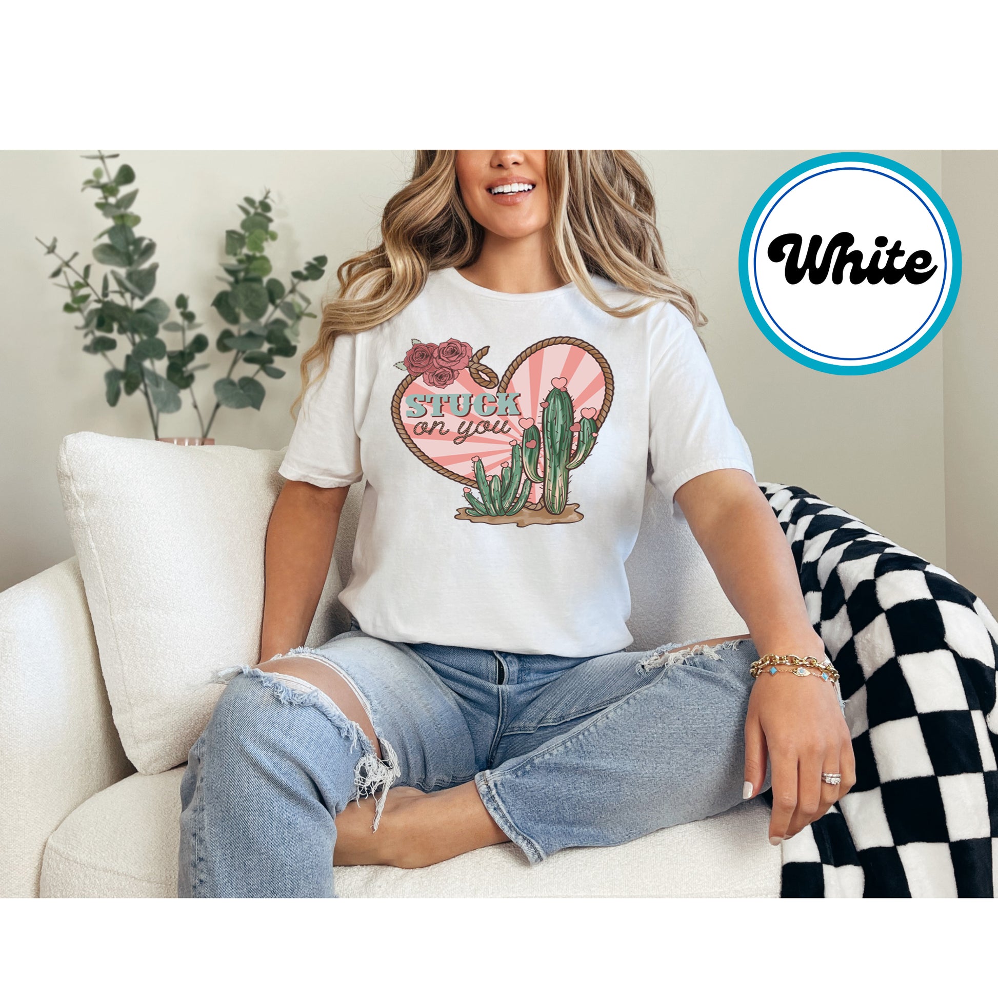 Western Valentine's DTF transfer with "Stuck on You" text, heart-shaped rope, and blooming cacti.