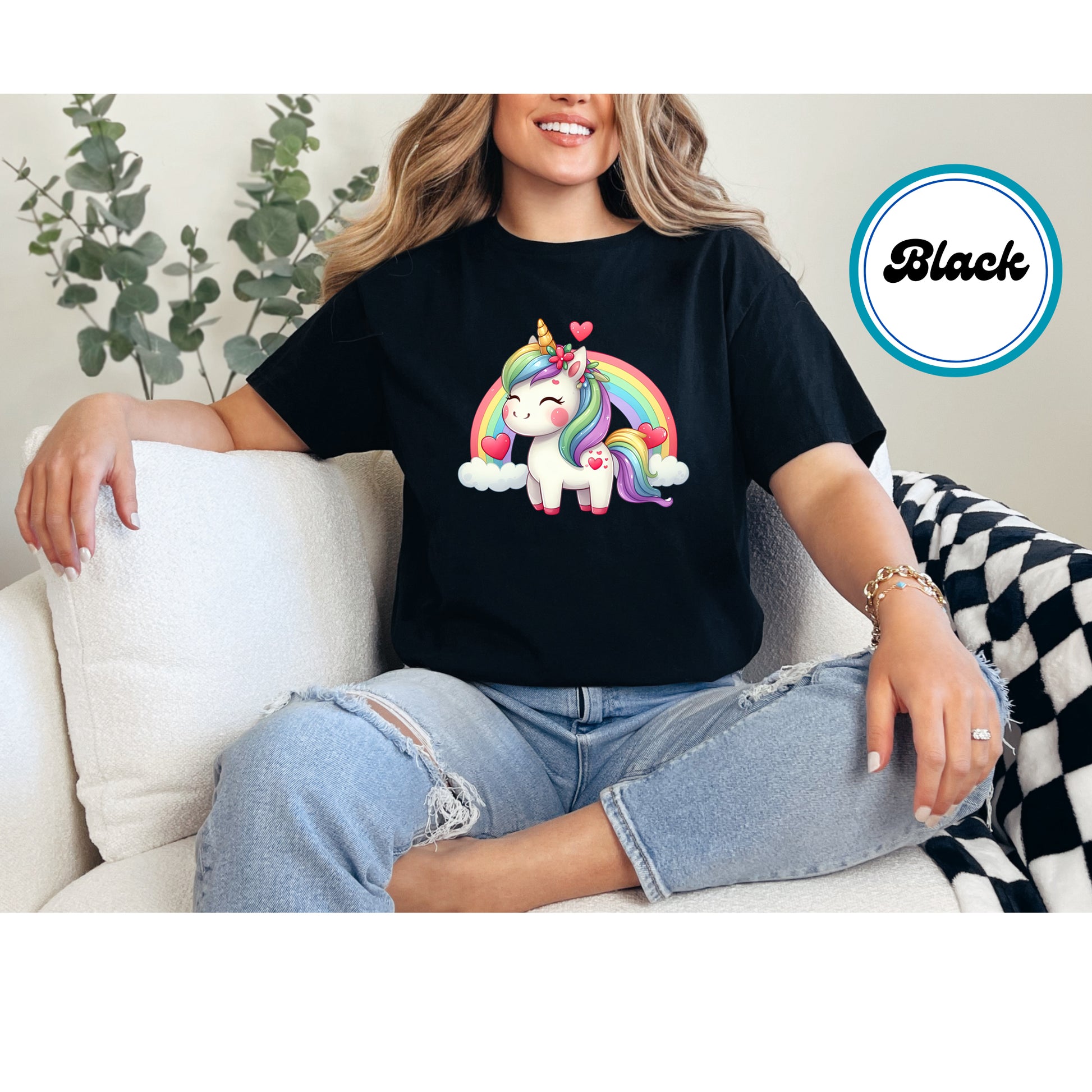Rainbow unicorn with hearts and a Valentine's theme.