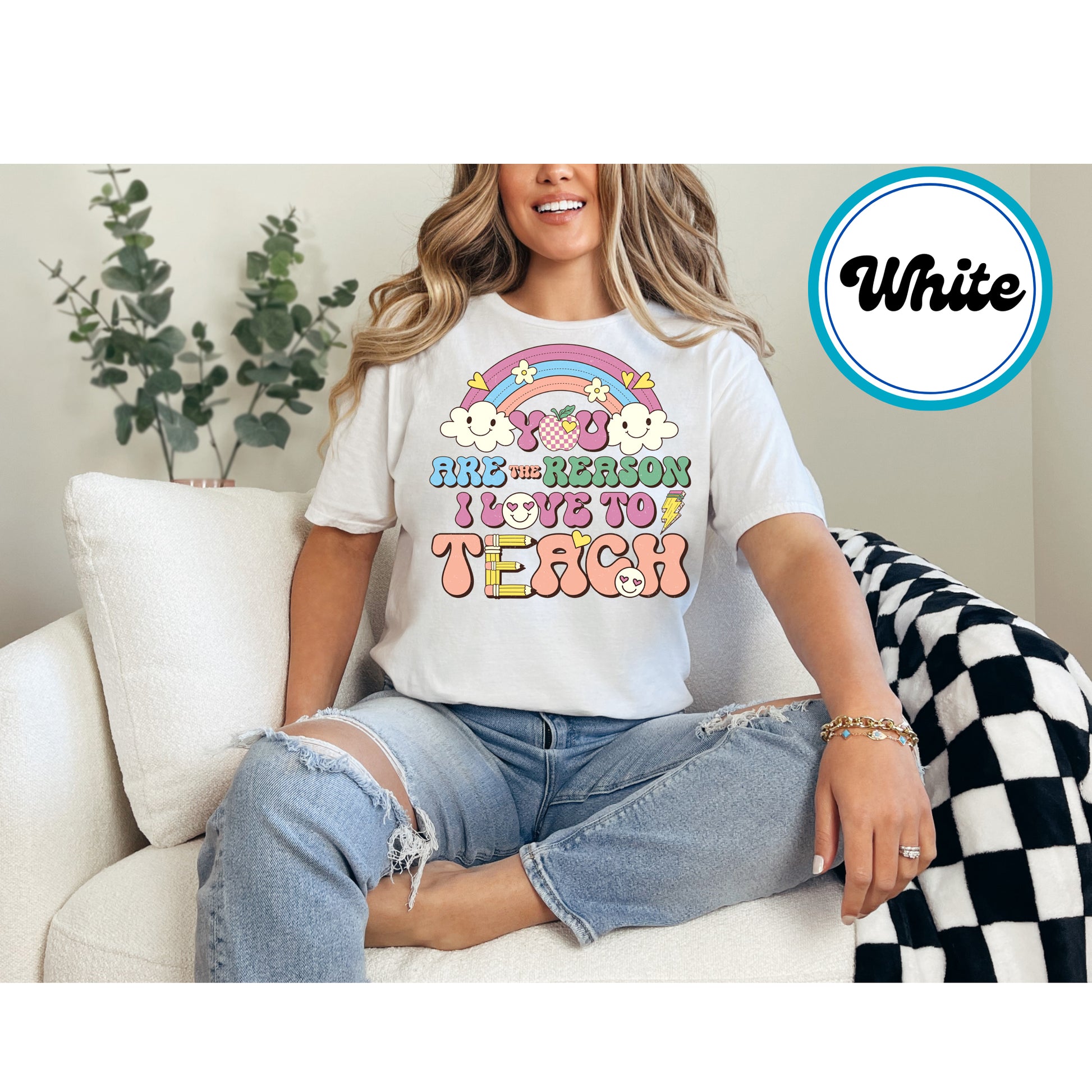 Teacher design with a rainbow, apple, clouds, and "Love to Teach" text.