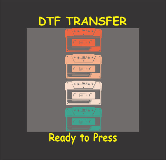 Retro cassette tape stack DTF transfer featuring vintage-inspired colors, perfect for 80s and 90s music lovers.