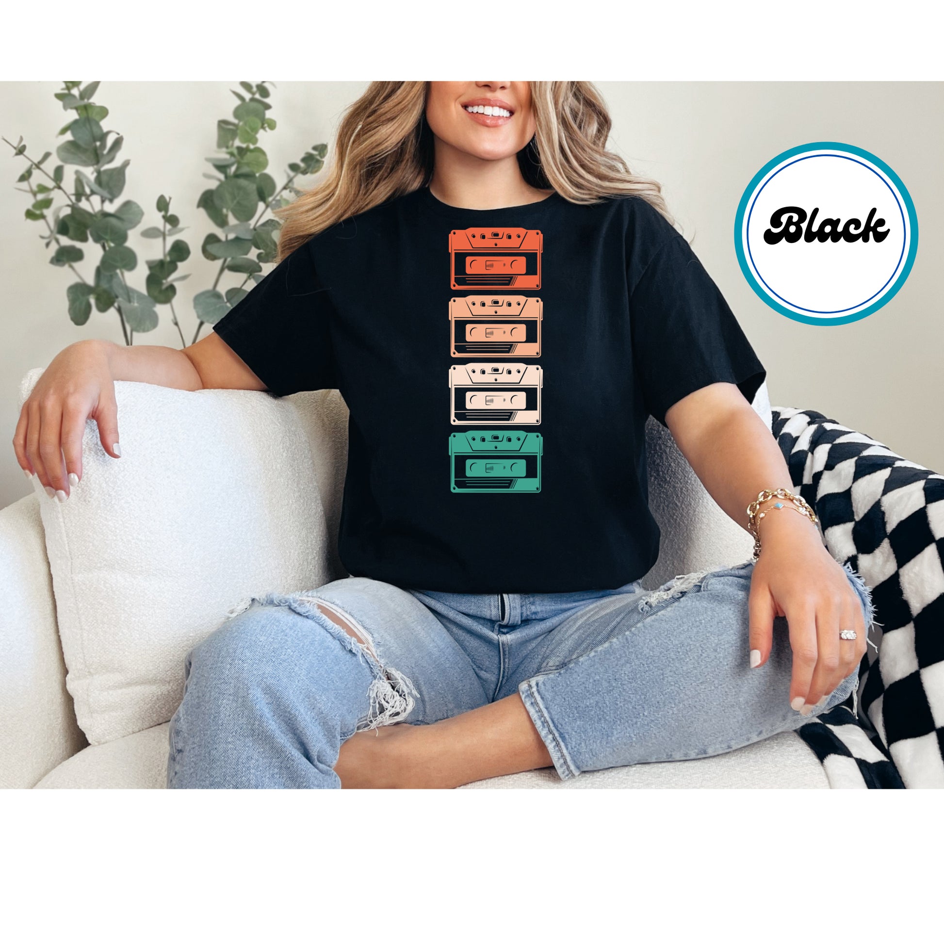 Retro cassette tape stack DTF transfer featuring vintage-inspired colors, perfect for 80s and 90s music lovers.