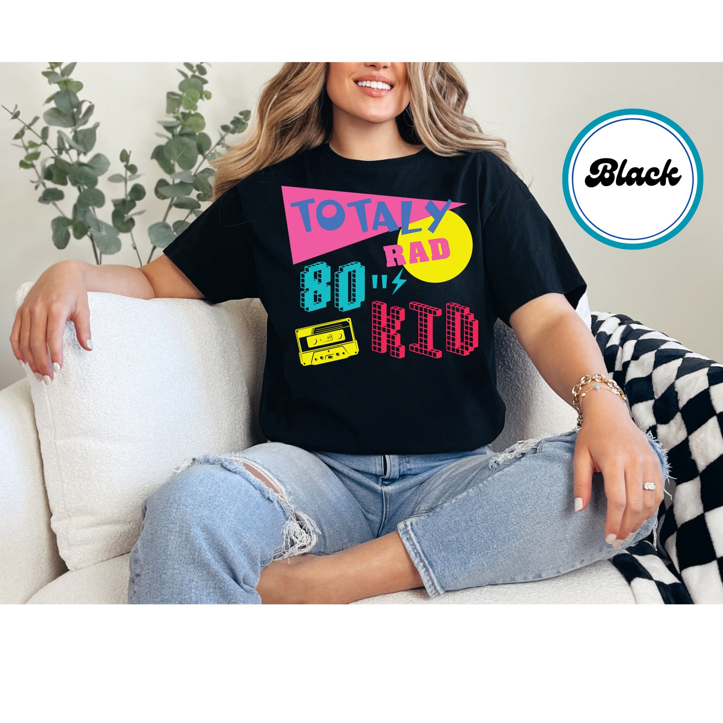 Totally Rad 80s Kid DTF transfer with neon colors, geometric shapes, and a cassette tape, perfect for 80s lovers.