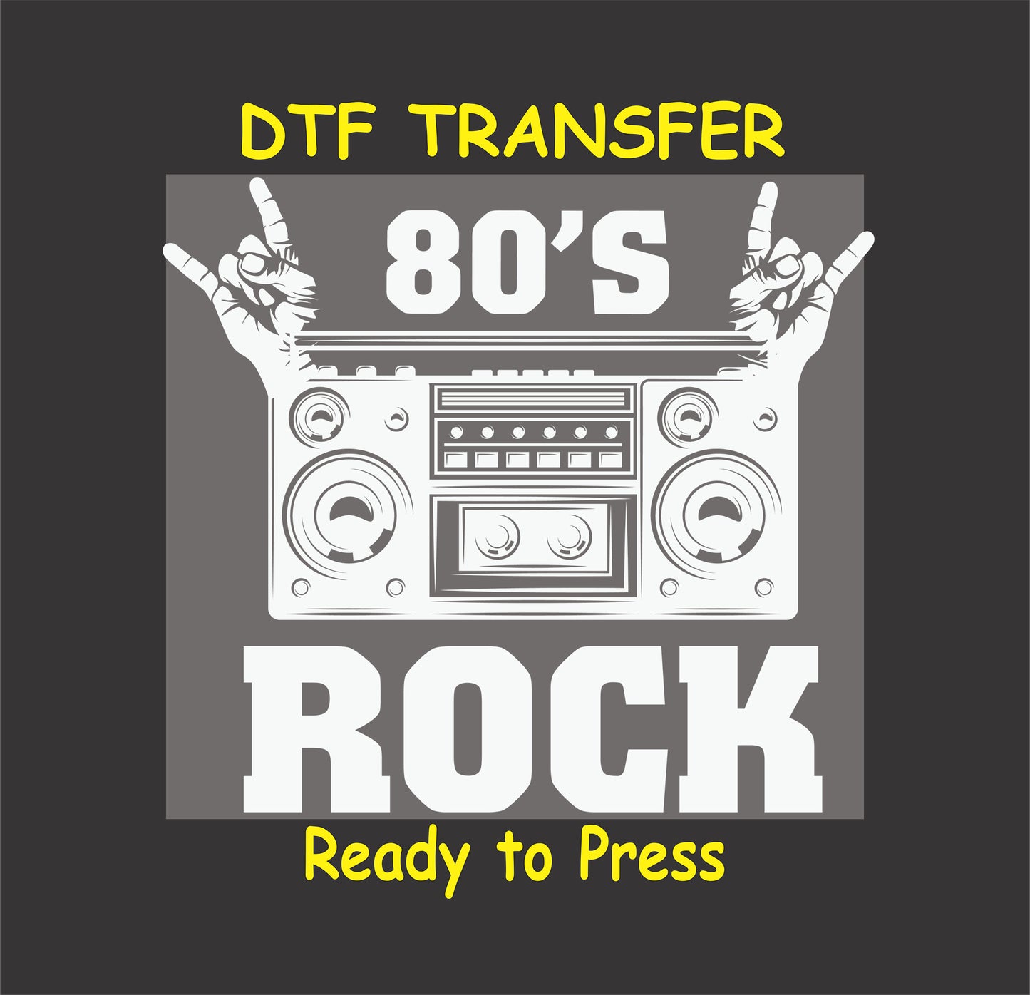 80s Rock DTF transfer featuring a retro boombox with rock hand gestures, perfect for music and rock lovers.