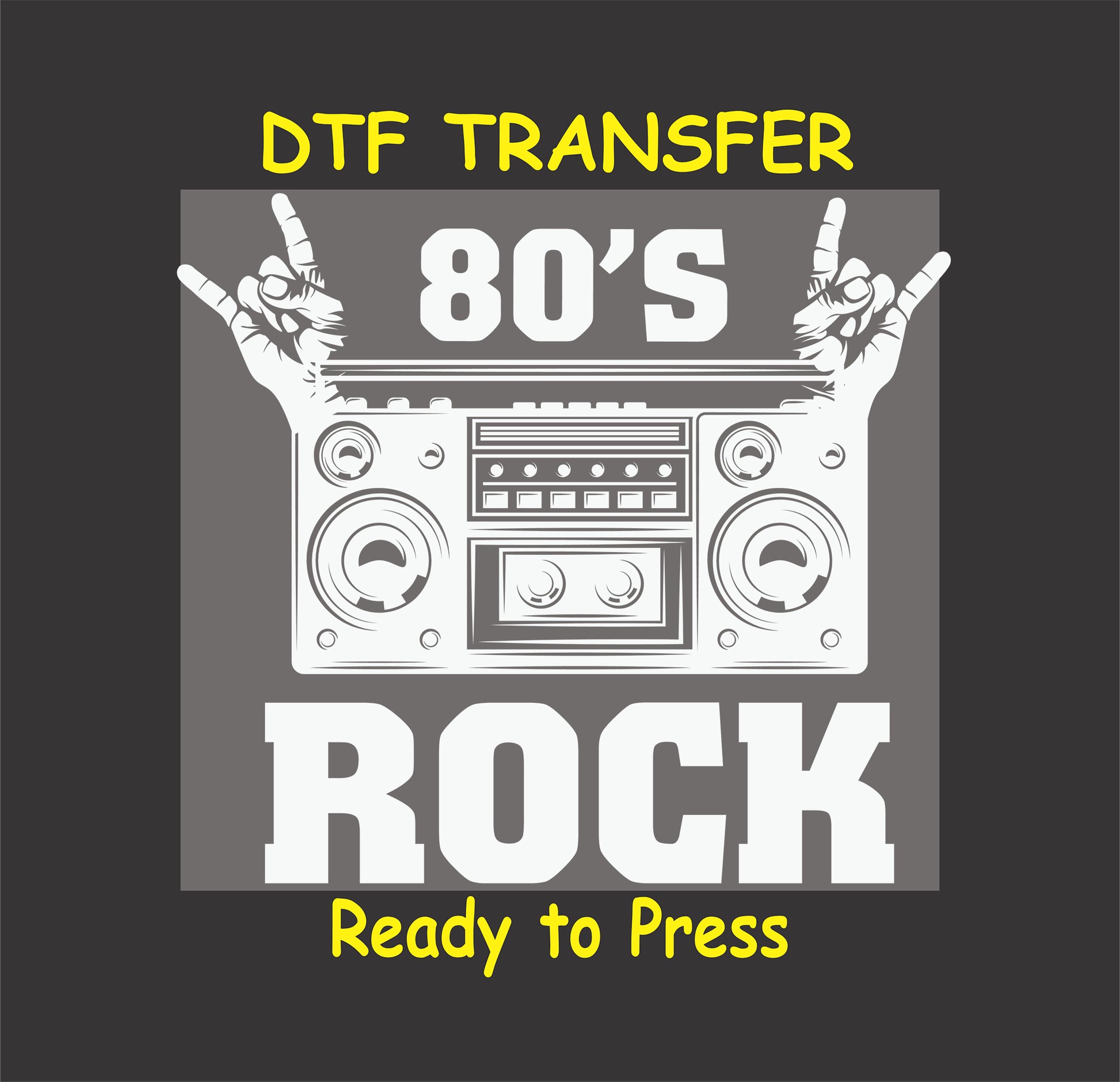 80s Rock DTF transfer featuring a retro boombox with rock hand gestures, perfect for music and rock lovers.