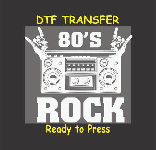 80s Rock DTF transfer featuring a retro boombox with rock hand gestures, perfect for music and rock lovers.