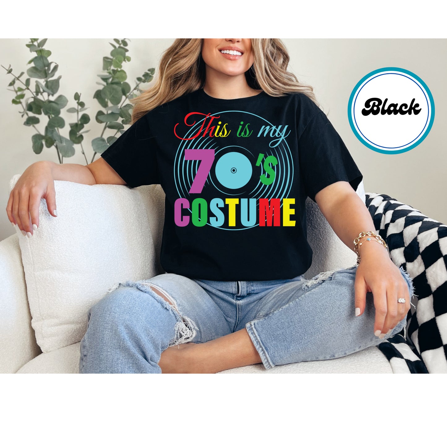 This Is My 70s Costume DTF transfer with colorful retro text and a vinyl record background.
