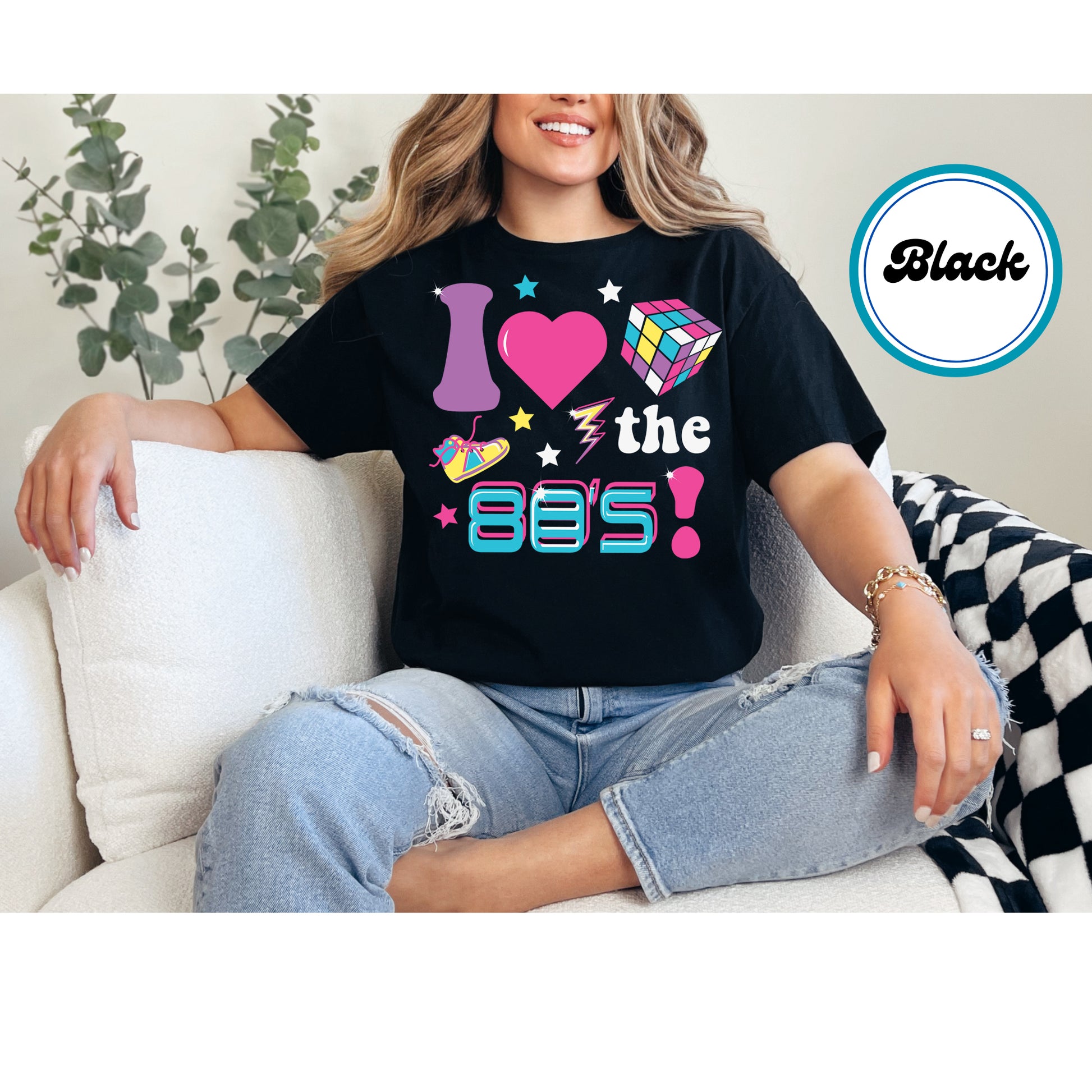 I Love the 80s DTF transfer with neon retro graphics, a Rubik's cube, sneakers, and lightning bolts.