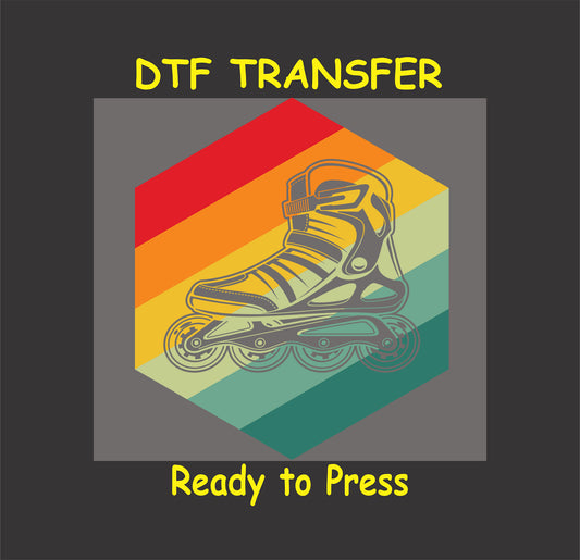 Retro rollerblade DTF transfer with inline skate and vintage sunset stripes.