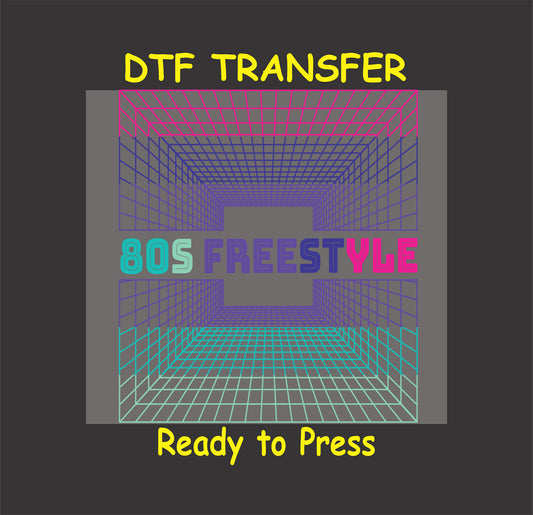 80s Freestyle DTF transfer with neon grid tunnel and bold retro typography.