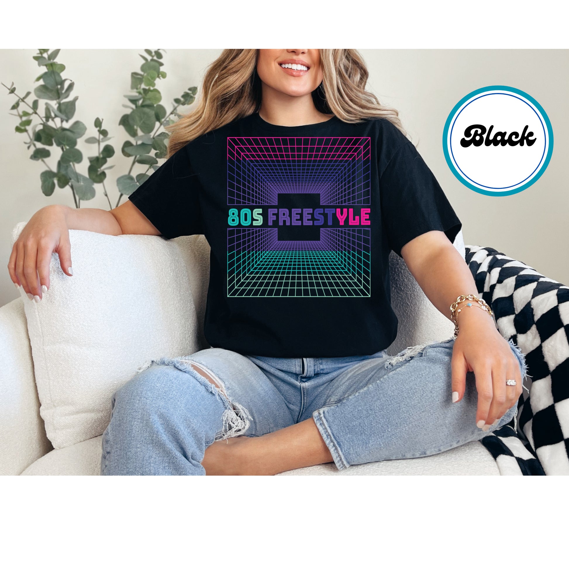 80s Freestyle DTF transfer with neon grid tunnel and bold retro typography.