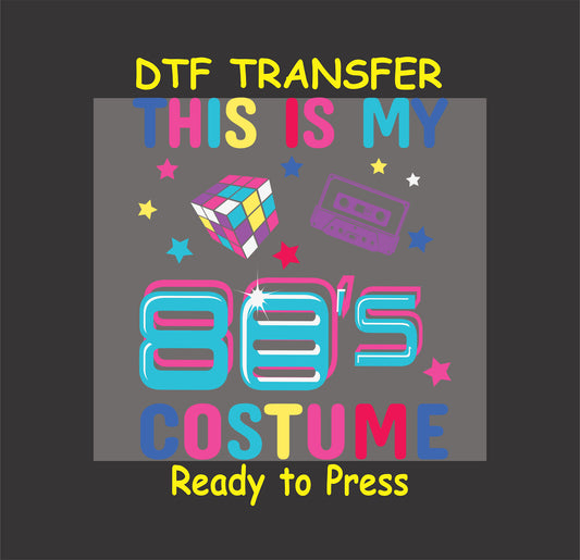 80s costume DTF transfer with neon colors, cassette tape, and Rubik’s cube.