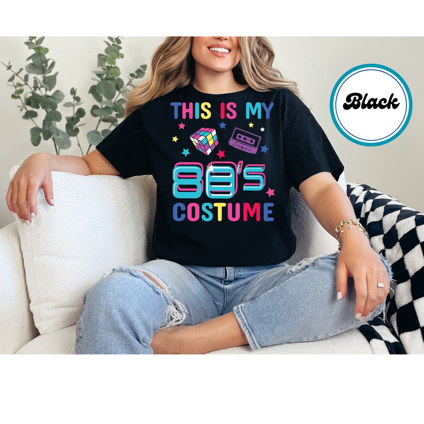 80s costume DTF transfer with neon colors, cassette tape, and Rubik’s cube.