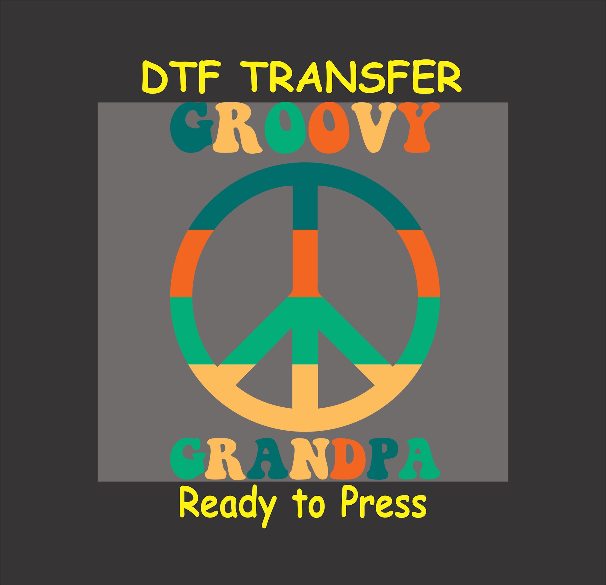 Groovy Grandpa DTF transfer with peace sign in retro colors.