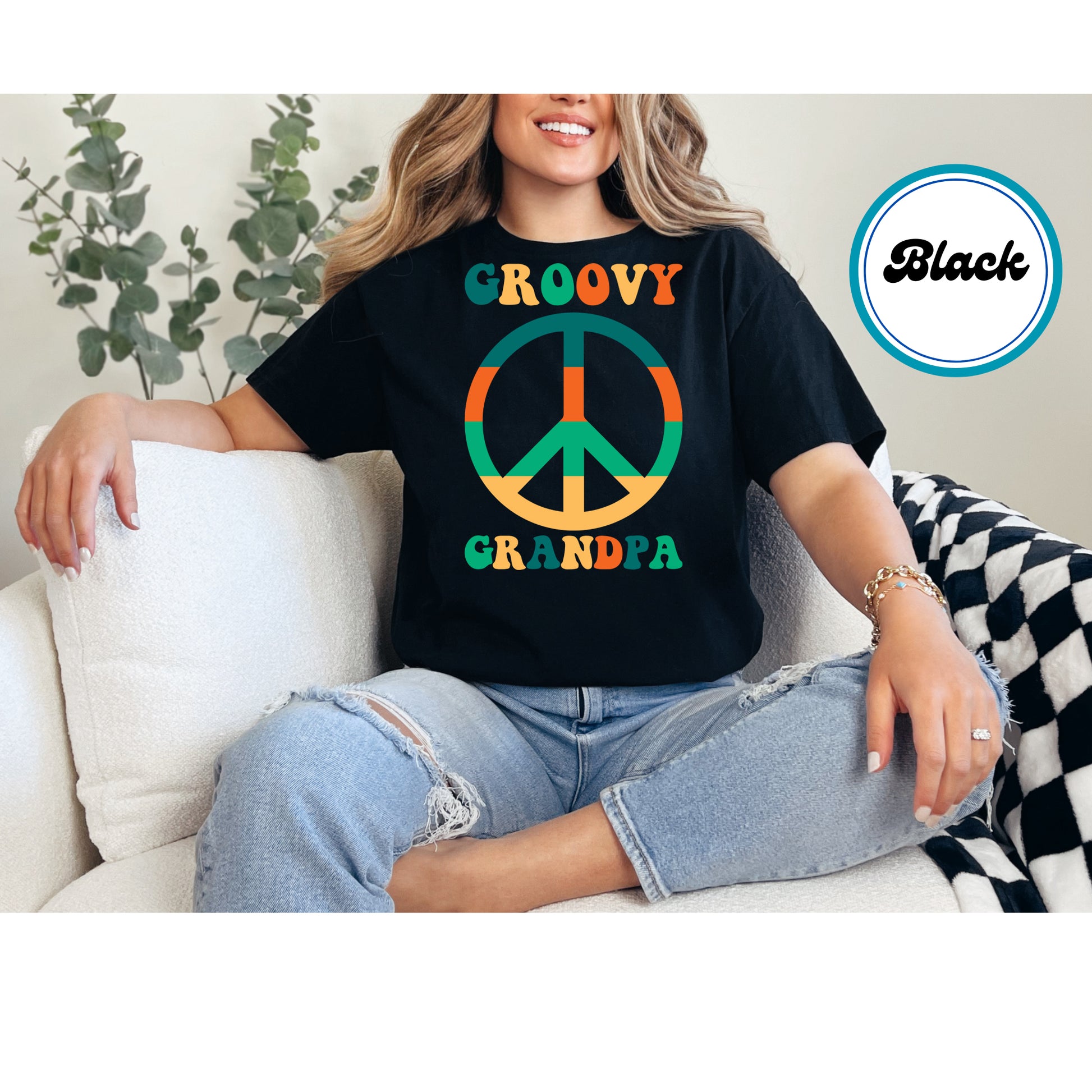 Groovy Grandpa DTF transfer with peace sign in retro colors.