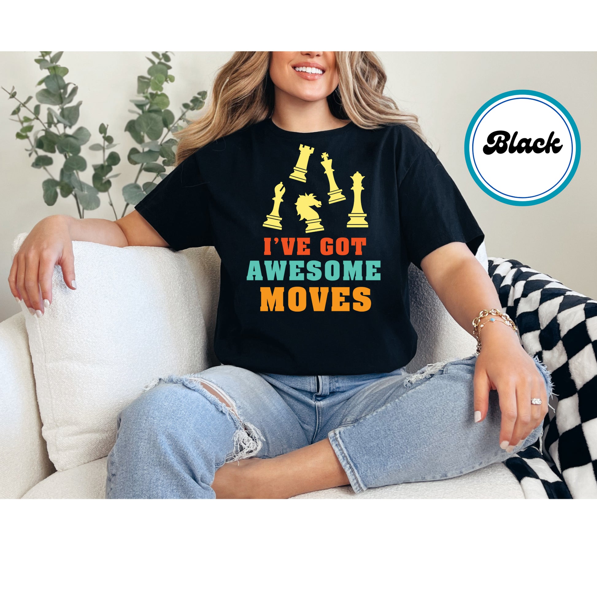 Chess-themed DTF transfer with "I've Got Awesome Moves" text and chess pieces.