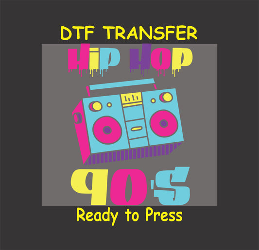 90s hip hop DTF transfer with a colorful boombox and graffiti-style text.