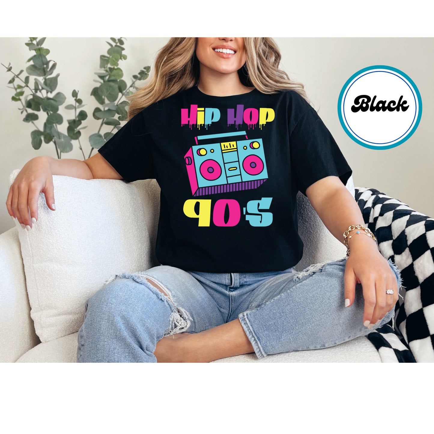 90s hip hop DTF transfer with a colorful boombox and graffiti-style text.