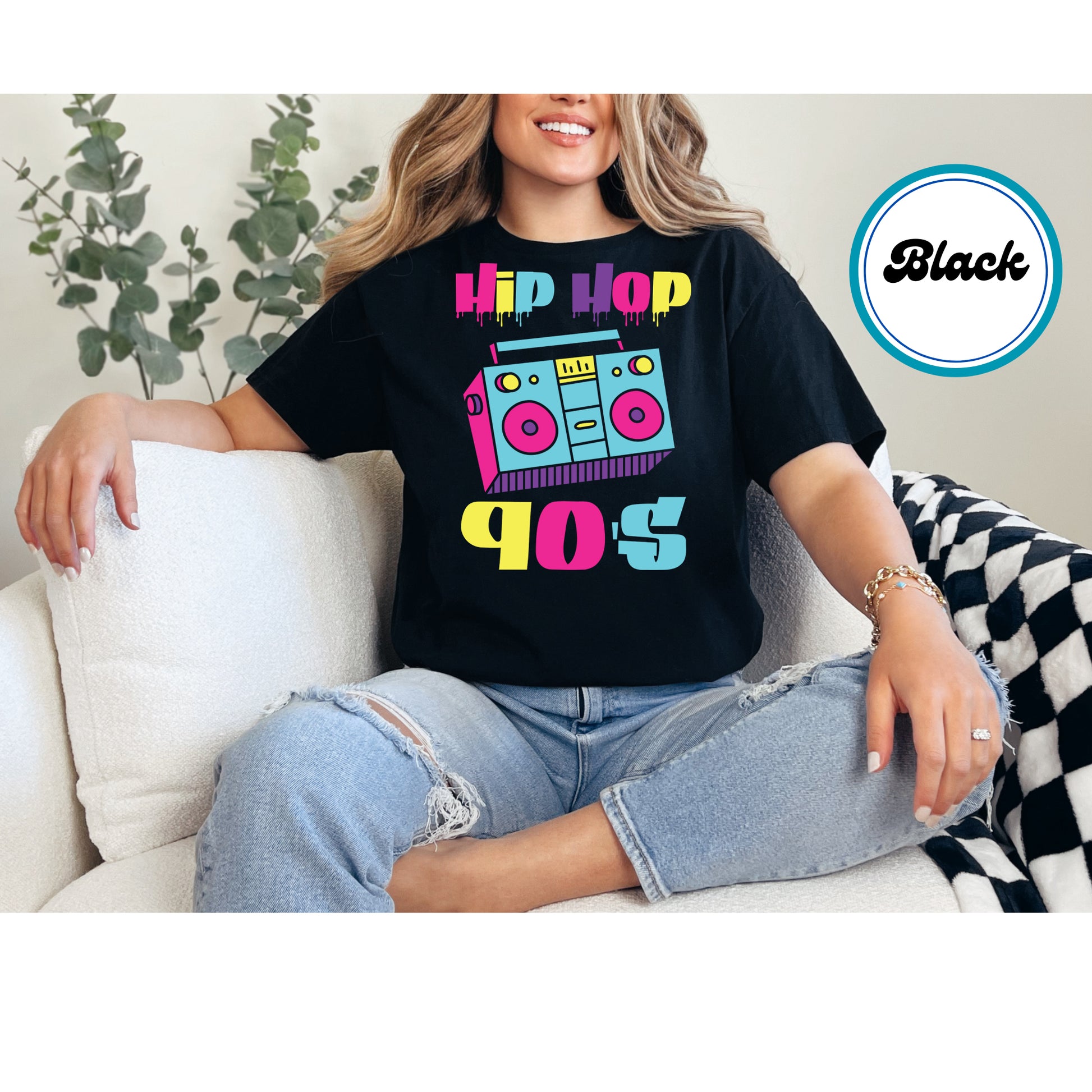 90s hip hop DTF transfer with a colorful boombox and graffiti-style text.
