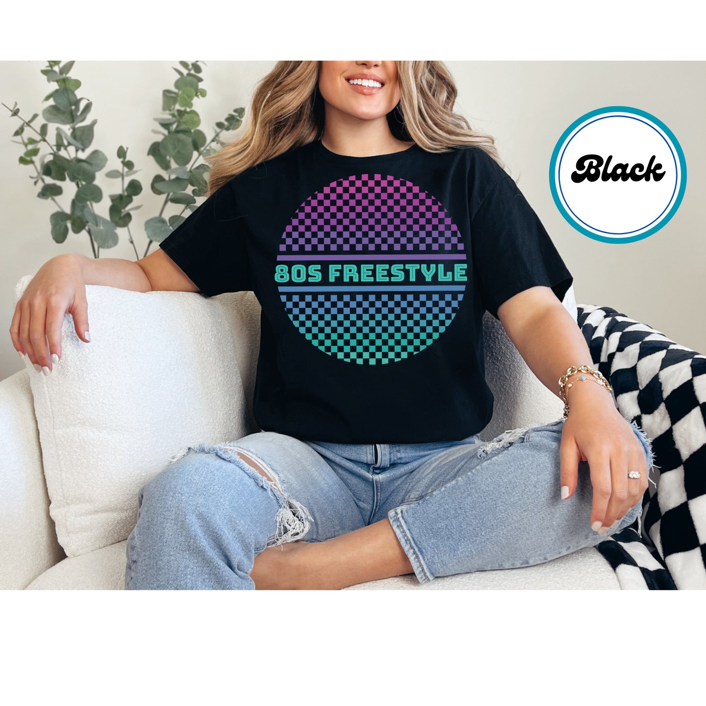 80s freestyle DTF transfer with a gradient checkerboard pattern and neon text.