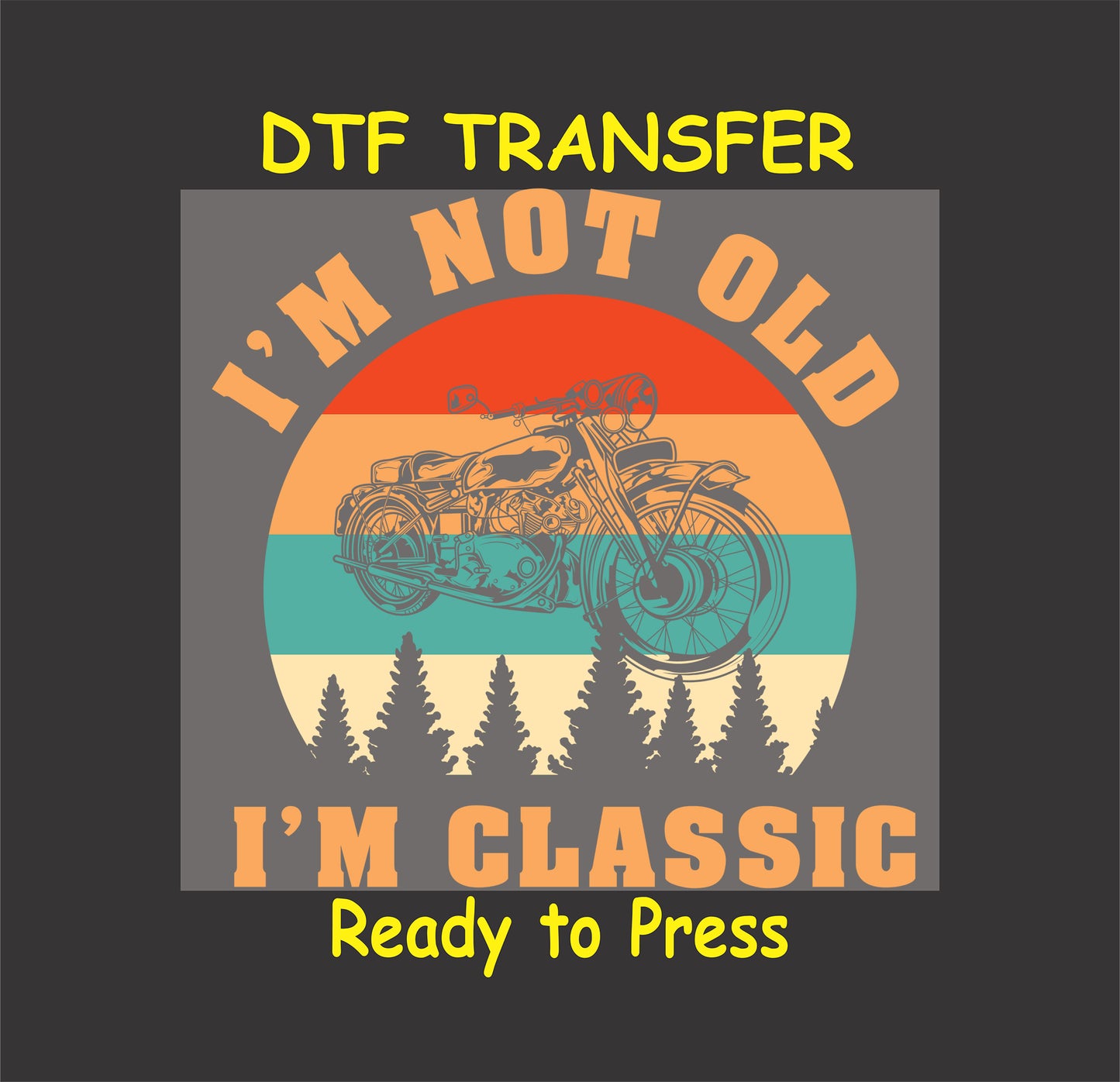 Vintage motorcycle DTF transfer with sunset gradient and classic typography.