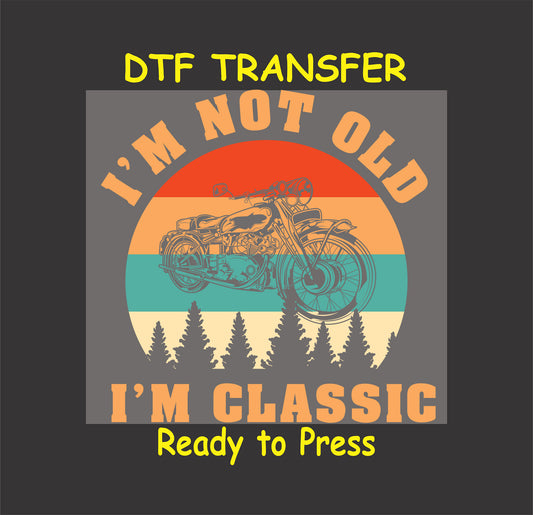 Vintage motorcycle DTF transfer with sunset gradient and classic typography.