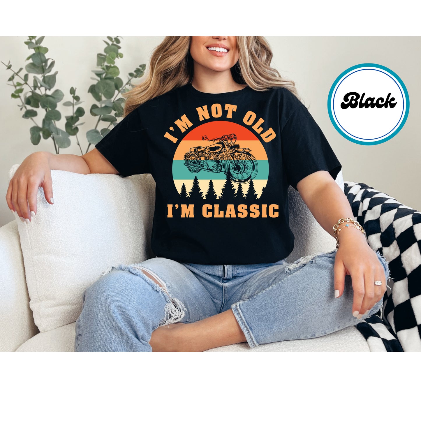 Vintage motorcycle DTF transfer with sunset gradient and classic typography.