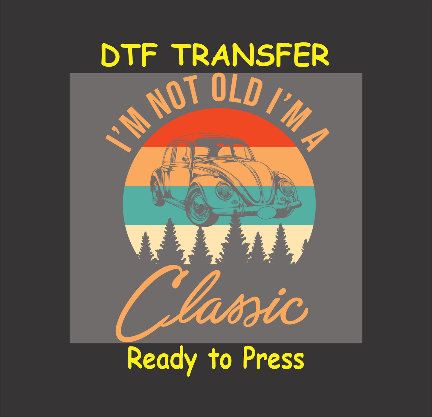 Vintage car DTF transfer with sunset gradient and forest background.