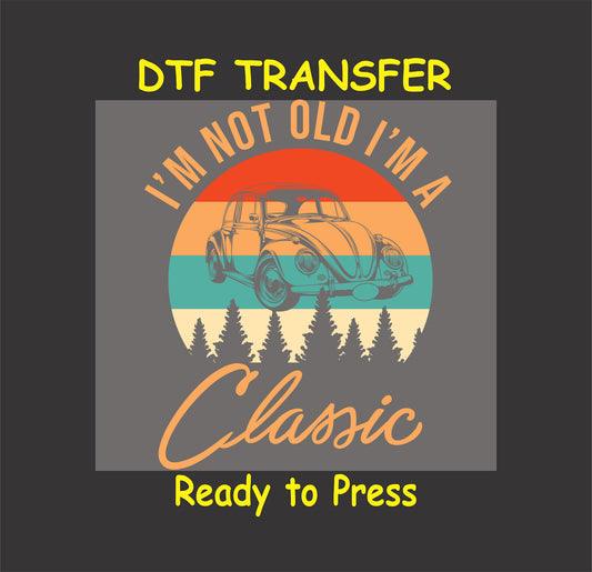 Vintage car DTF transfer with sunset gradient and forest background.