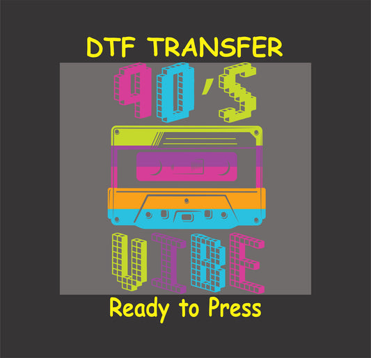 Colorful cassette tape with 90’s Vibe text in neon retro font.
