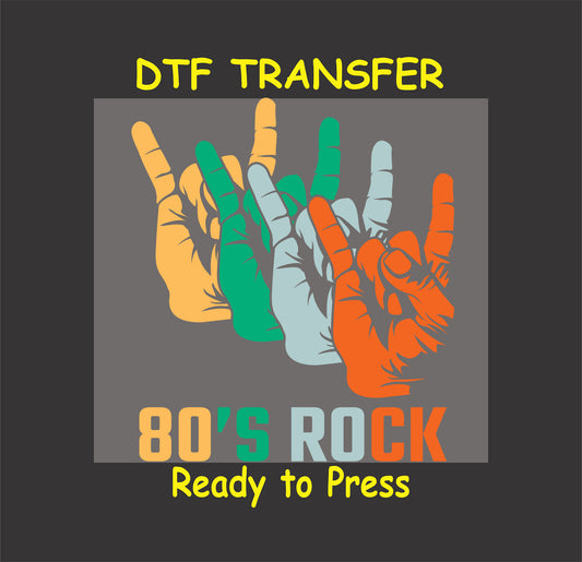 Multi-colored rock hand signs with 80’s Rock text in bold retro font.